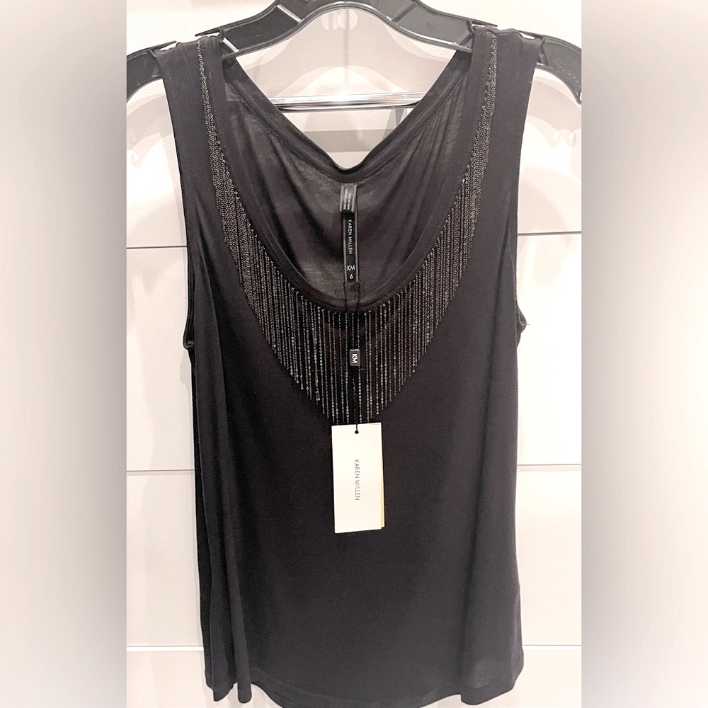 NWT, Karen Millen, micro chain fringe, black sleeveless top, size 6. FLATTERING